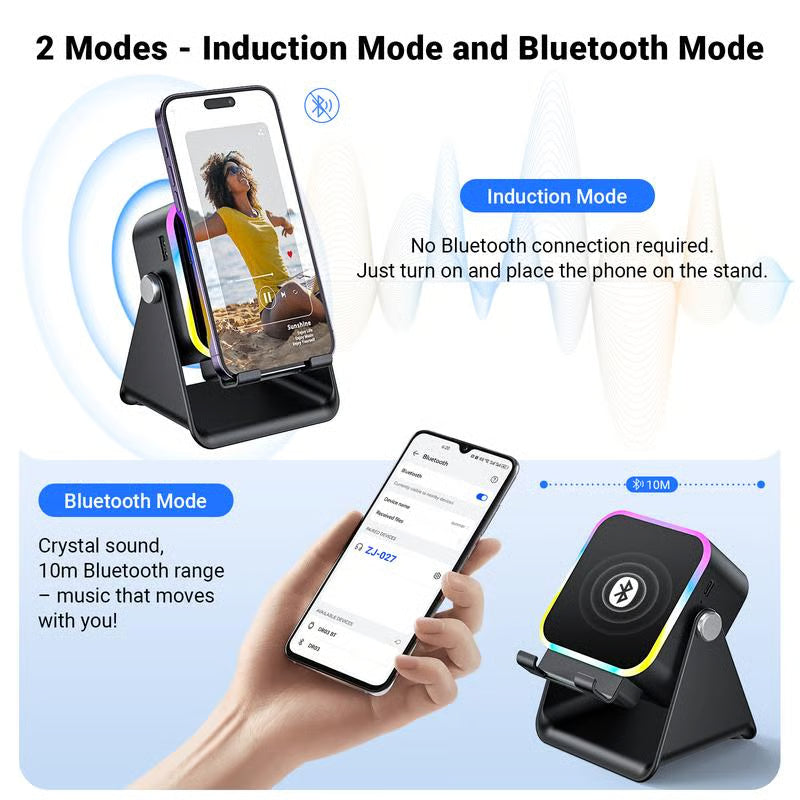 🎶📱 5-in-1 Wireless Induction Bluetooth Speaker with Adjustable Phone Stand