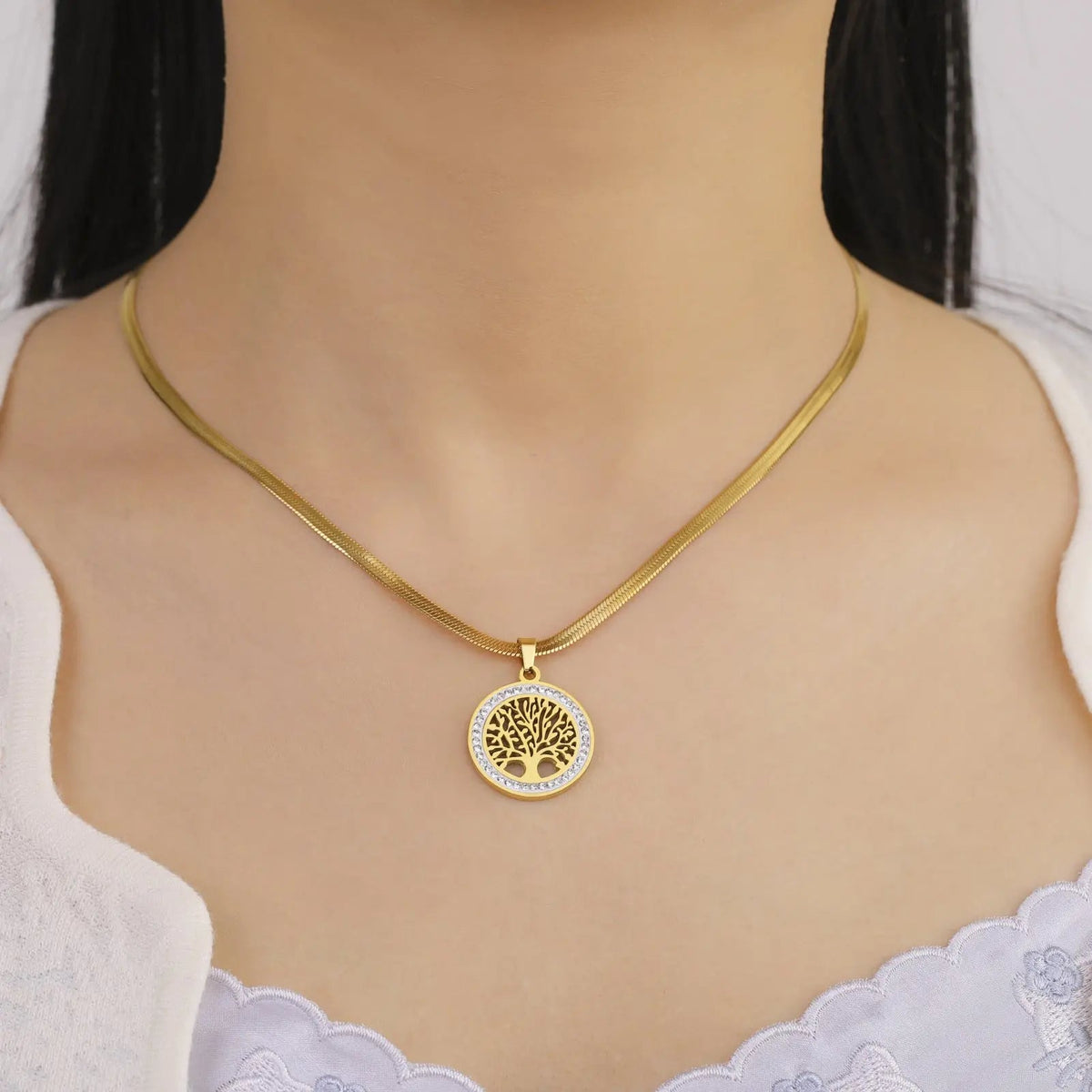 Affordable Luxury Fashion Titanium Steel Diamond Outer Ring Big Tree Pendant Snake Chain Advibe Studio