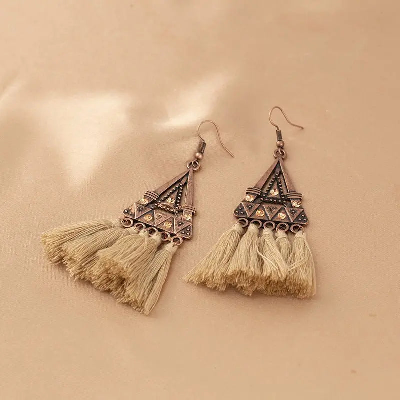 Bohemian Triangle Metal Khaki Rope Tassel Ethnic Style Tassel Earrings Advibe Studio