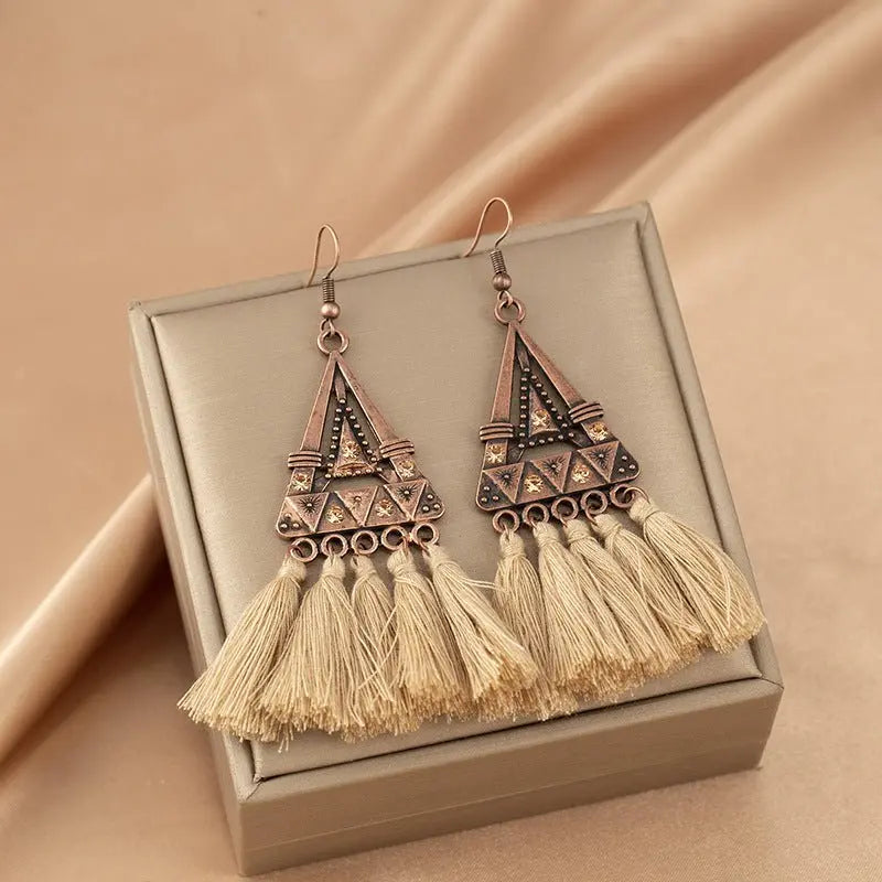 Bohemian Triangle Metal Khaki Rope Tassel Ethnic Style Tassel Earrings Advibe Studio